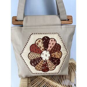 Handmade Quilted Patchwork Wood Handle Small Tote Bucket Bag